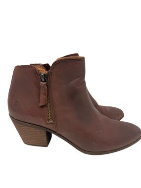 Frye Judith Double Zip Ankle Boots Whiskey Brown Leather Stacked Block Heel 9